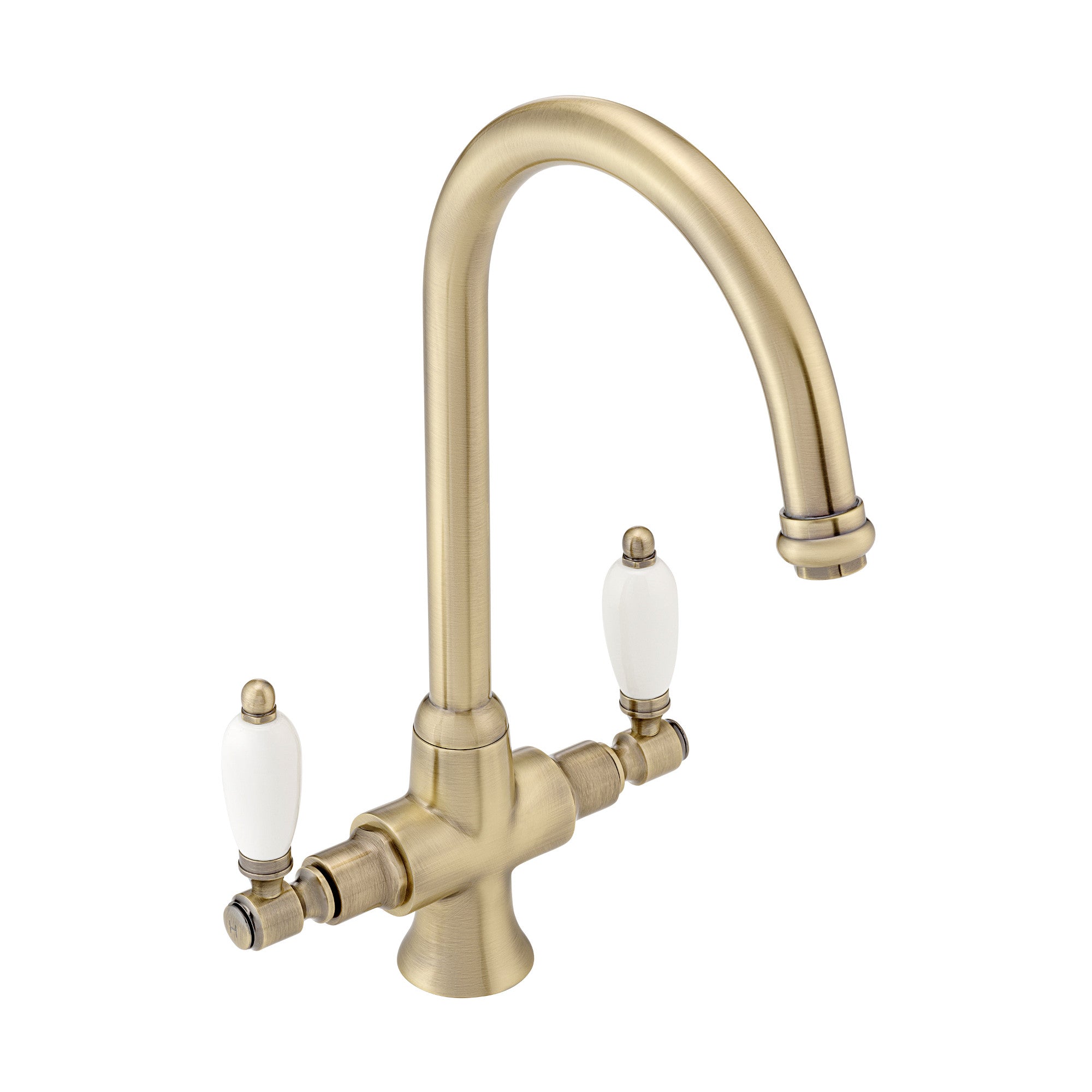 Dorchester Georgian dual flow kitchen sink tap with twin white levers - antique brass